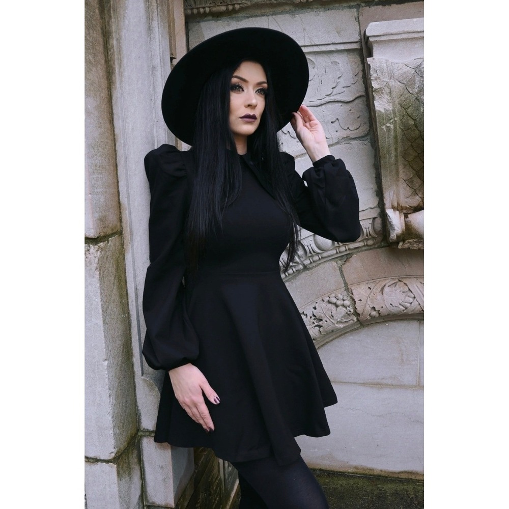 Katakomb Baptism Black Cross Collar Puff Sleeve Gothic Mini Dress Women Large